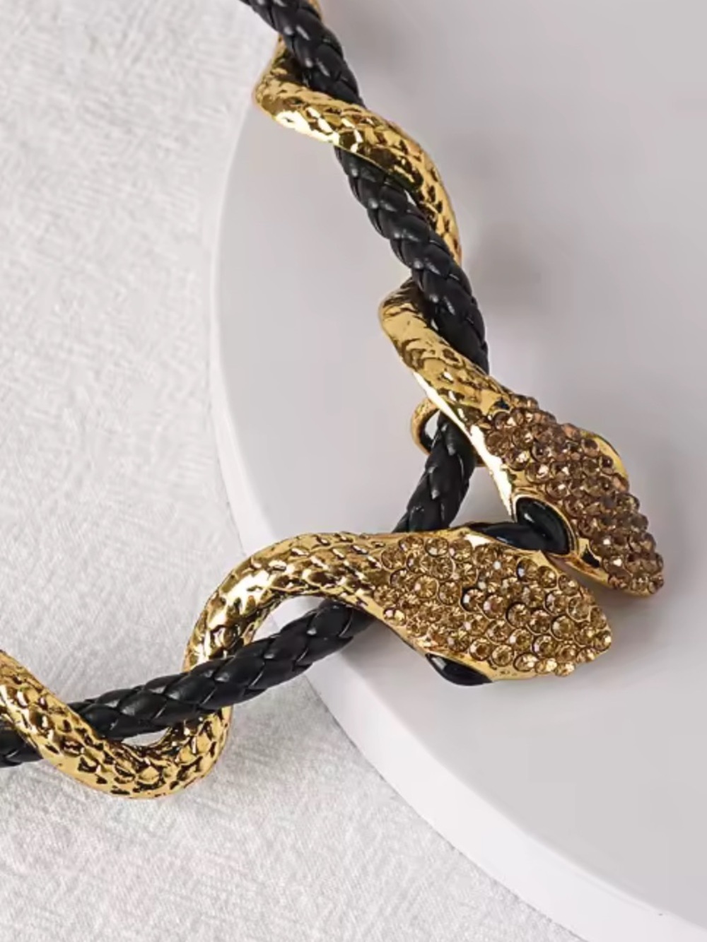 Serpent serpentine Gold Snake Accent Black Braided Necklace by